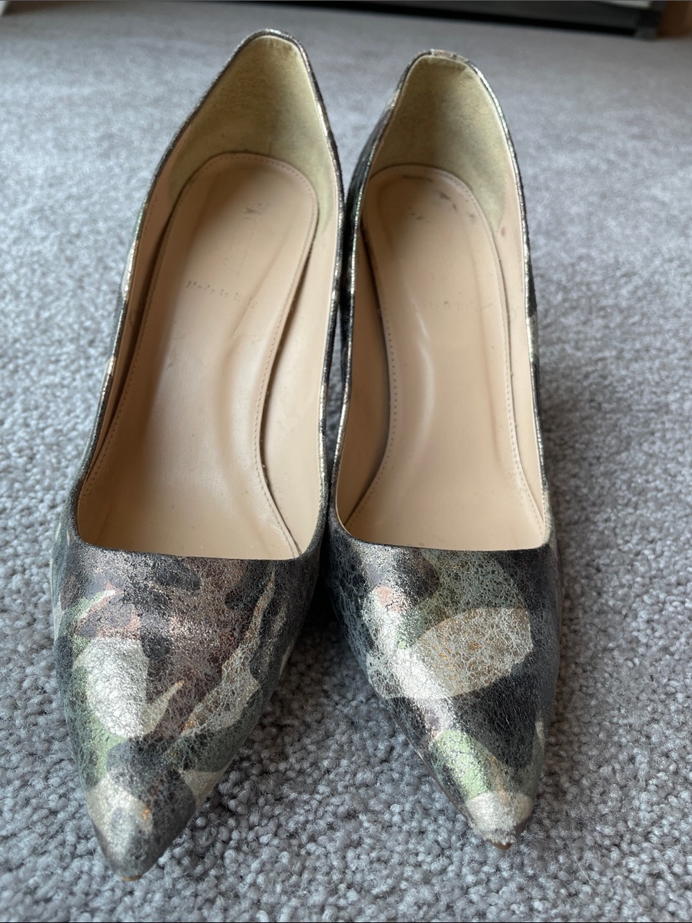 J. Crew Metallic Camouflage Pointed-Toe Pumps in Green and Brown